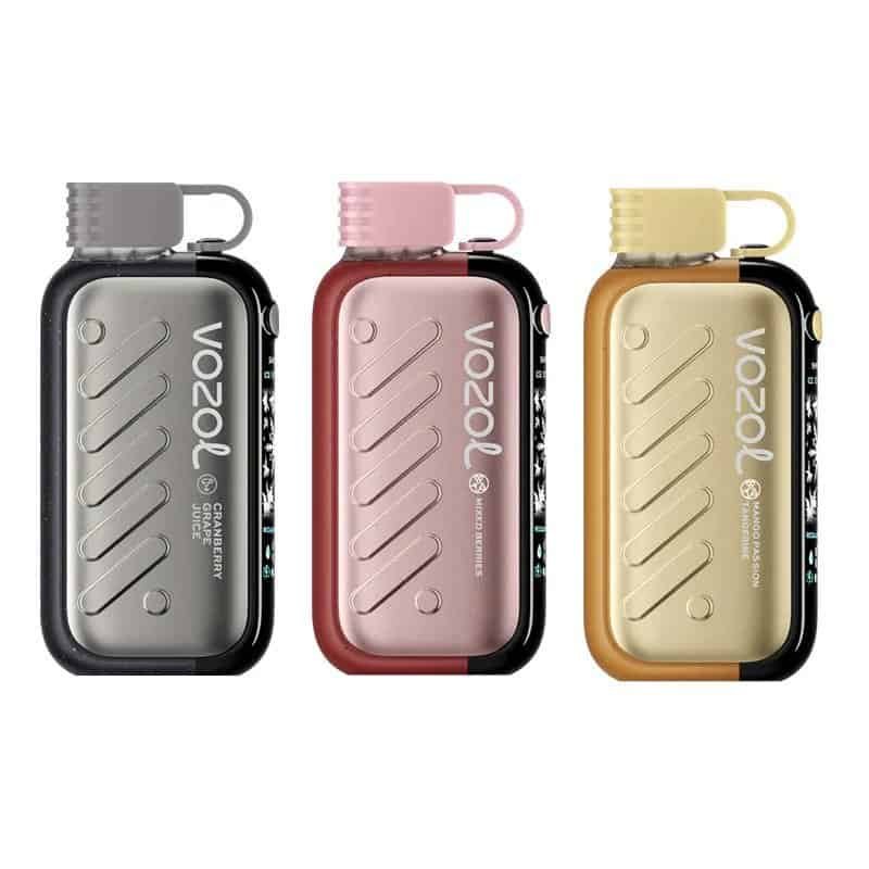 Vozol Gear Ice&Sweet 50000 Puffs Disposable Kit 4 Portable CBD vaporizer with flavored options in black, pink, and gold.